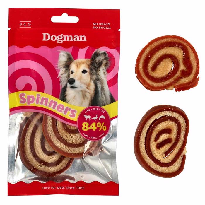 Dogman Spinners Ett roligt hundsnack med lamm, anka & torsk 2 st 34g