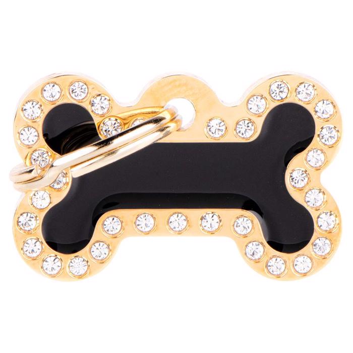 My Family Dog Tag Glam Black Meat Bone med guldfärgad stenkant